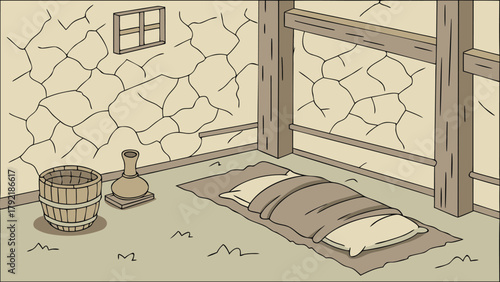 Asian farmer poor room mud walls and cracked ai generated art