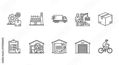 A comprehensive thin line vector icon set for supply chain management, logistics, and delivery services