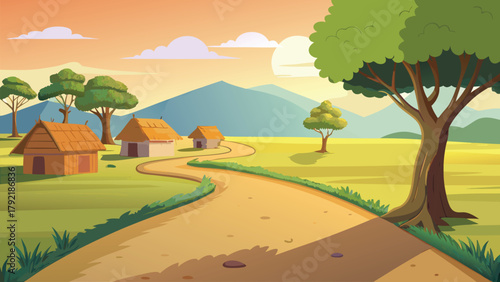Bright Asian Hillside Village with Rolling Green Slopes, vector illustration ai generated