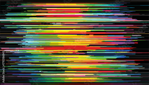 Patrón abstracto de líneas horizontales de colores vibrantes sobre fondo negro, arte digital