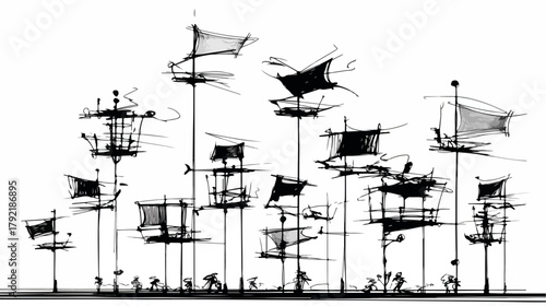 Ilustración vectorial de un paisaje urbano futurista con estructuras elevadas y velas