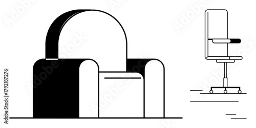 Stylized armchair with arched backrest and office chair with wheels in contrasting tones. Ideal for furniture design, interiors, workspace, comfort, home decor, minimalism, modern themes. Simple flat