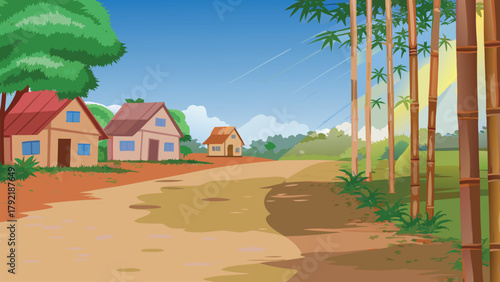 Cheerful Asian Hill Village Surrounded by Green Mountains, vector illustration ai generated