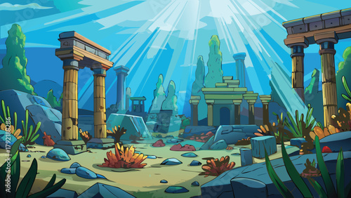 Ancient city ruins deep under the sea broken pill vector illustration ai generated