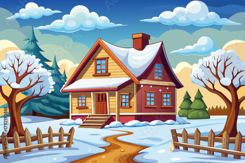 Traditional farmhouse surrounded by wooden fence and thick white snow under cloudy winter sky wallpaper background