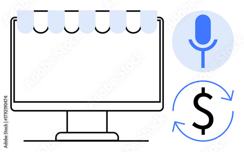 Computer monitor with awning, blue microphone, and dollar recycle icon for e-commerce, retail, finance, technology, content creation, podcasting or digital business. Minimalist flat metaphor
