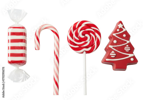Assortment of festive red and white holiday sweets and treats isolated on transparent background