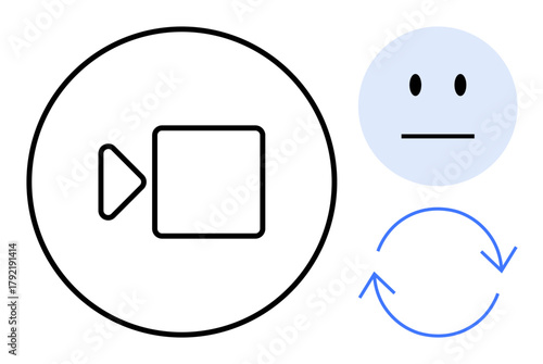 Camera icon, neutral face, and circular arrows indicating feedback loop. Ideal for communication, disconnection, video calls, technical issues, feedback updates and messaging. Simple flat metaphor