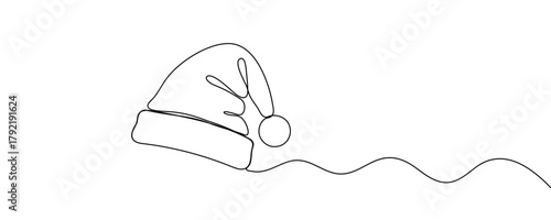 One continuous line drawing of christmas Santa Claus hat, Continuous line drawing of cap of santa. Christmas hat one line icon, vector illustration. 
