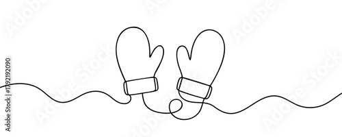Winter Mittens one line drawing, Santa Christmas mittens. Continuous linear drawing of mittens. Vector illustration. 