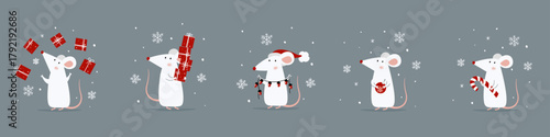 A set of vector illustrations for Christmas cards. Cute white mouse with New Year's gifts and sweets in Santa Claus' hat. Vector illustration