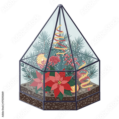 A beautifully illustrated Christmas terrarium concept, showcasing a miniature winter garden with poinsettias and festive decor