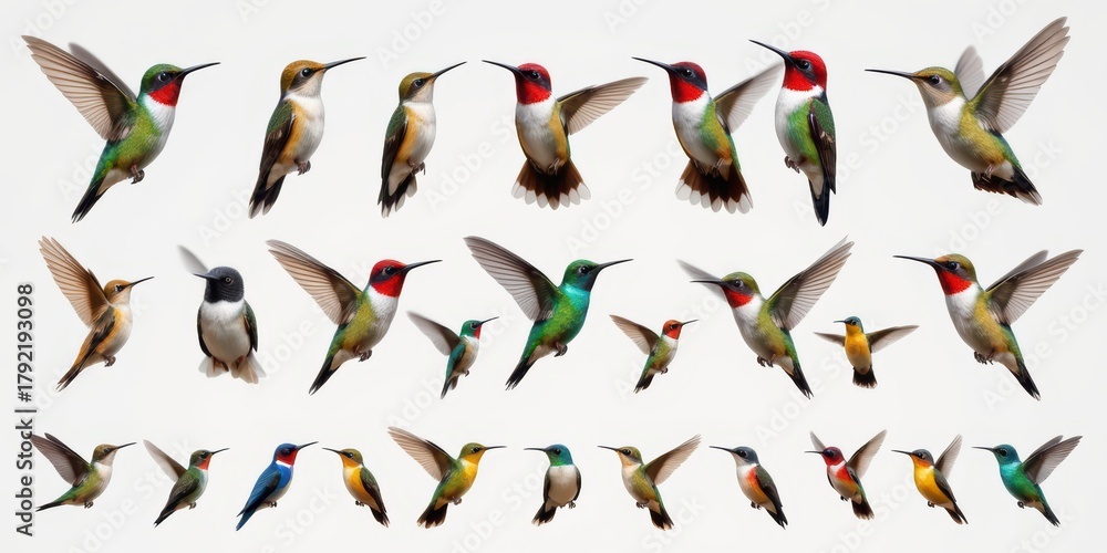 Obraz premium Illustration featuring various species of colorful hummingbirds in flight.