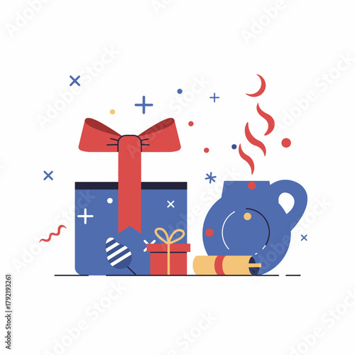 Festive Celebration with Gifts and Hot Beverage on a White Background