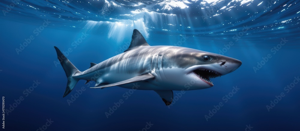 Fototapeta premium A shark swims gracefully through clear blue ocean waters.