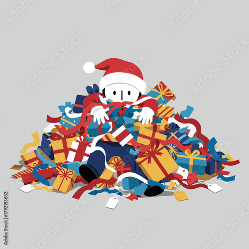 A generous Santa Claus is buried under a mountain of wrapped gifts and ribbons, symbolizing the abundance of holiday season giving and receiving