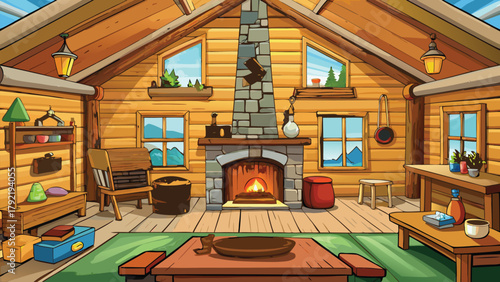 Interior of the old wooden house with campfire vector illustration ai generated