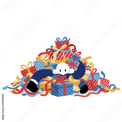 Whimsical Cartoon Character Emerging from a Festive Mountain of Colorful Gifts and Ribbons