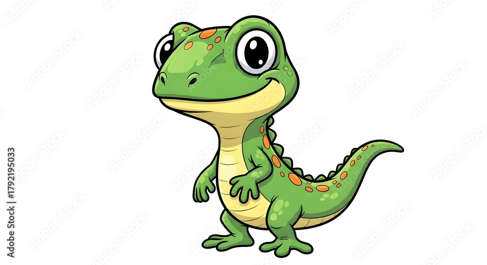Obraz premium cute cartoon gecko character, adorable lizard mascot illustration, smiling gecko cartoon artwork, lizard icon, lizard character on white background, gecko cartoon, dinosaur cartoon character on white 