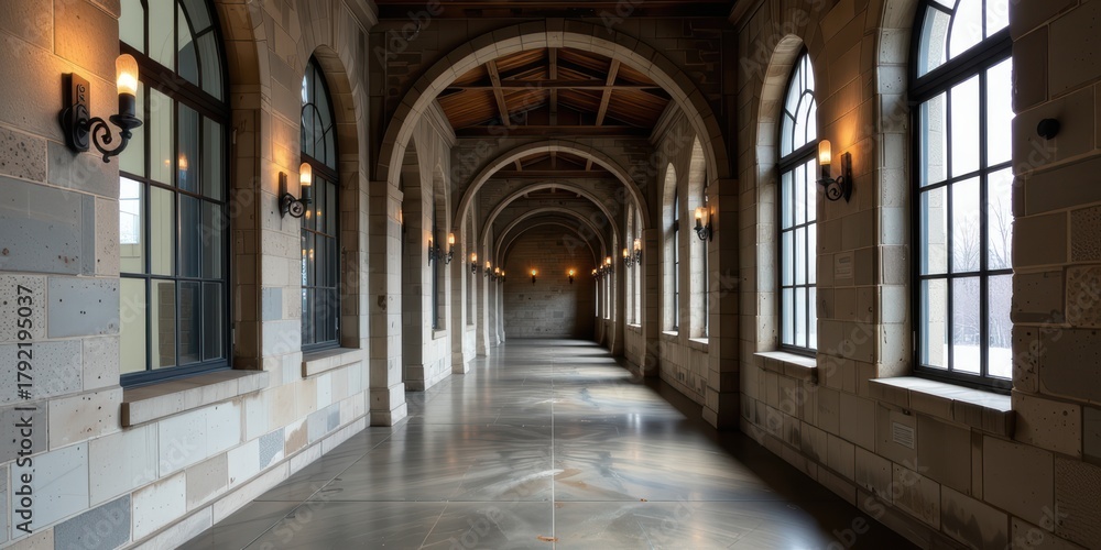 Fototapeta premium Spacious corridor featuring arched windows and elegant lighting fixtures.