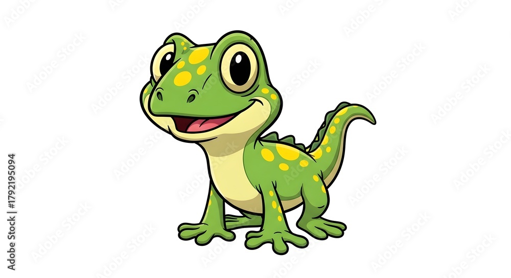 Fototapeta premium cute cartoon gecko character, adorable lizard mascot illustration, smiling gecko cartoon artwork, lizard icon, lizard character on white background, gecko cartoon, dinosaur cartoon character on white