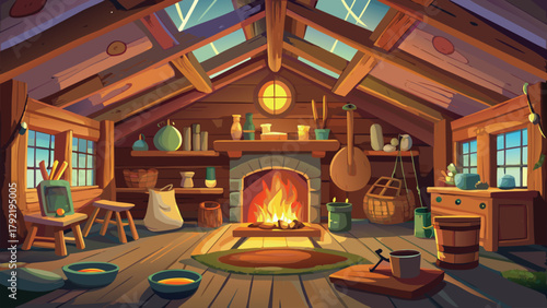 Digital cottage inside winter room illustration in a cozy rustic style vector illustration ai generated