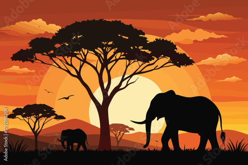 Wild elephant family silhouettes against an orange savanna sunset landscape illustration vector