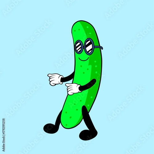 Funny Pickle Character Cartoon  Cool Cucumber Mascot Illustration