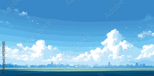 Paisaje urbano con cielo azul y nubes blancas, estilo anime, vector