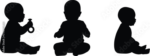 Baby silhouette sitting poses, infant posture vector, child development icon, toddler sitting clipart, black baby shape, parenting design element
