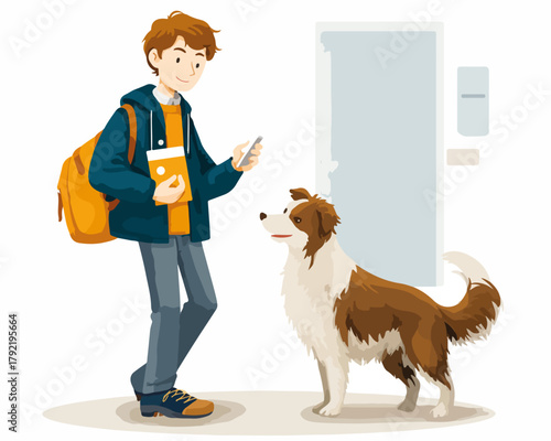 Joven con mochila y perro esperando en la puerta, vector ilustración para el hogar y la vida