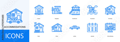 acommodations icon collection set. Containing Resort, Bungalow, Guesthouse, Houseboat, Homestay icon