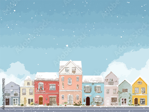 Ilustración vectorial de casas coloridas con nieve cayendo en un día de invierno sereno.