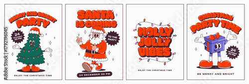 Cartoon party invitation poster with groovy characters. Christmas tree, Santa and gift. Flyer template design.