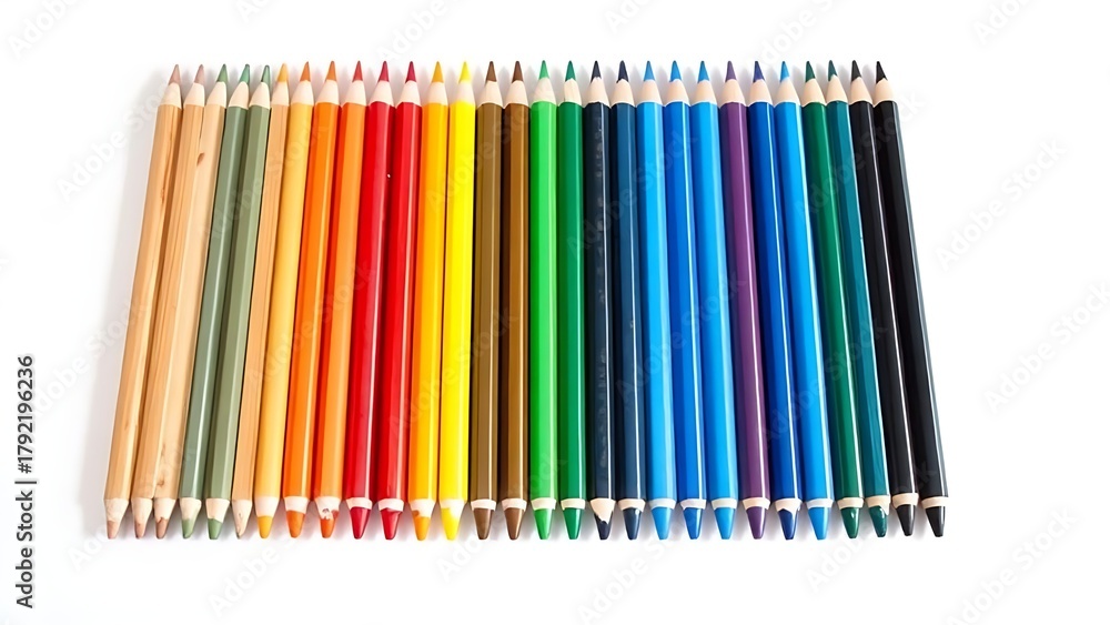Obraz premium graphite. Colored pencils arranged in rainbow order on a white desk, geometric and precise. tutorial guides, club newsletters, designed for tourism and weekend activity guides.