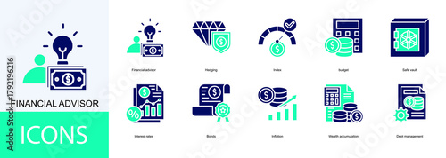 financial advisor icon collection set. Containing  Hedging, Index, budget, Safe vault, Interest rates, Bonds, Inflation icon