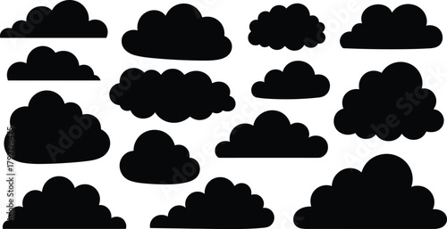 Black cloud silhouette vector set, flat weather icon collection, storm cloud shapes, CAD drawing style, isolated clipart illustration