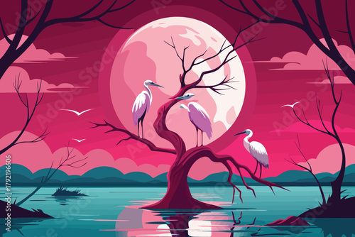 Dark spooky night vector illustration of a tree silhouette with the moon in a nature landscape