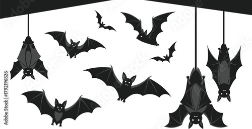 Cartoon bats vector, spooky flying bats, Halloween bat illustration, nocturnal animal design, black bat drawing, cad drawing flat vector illustration