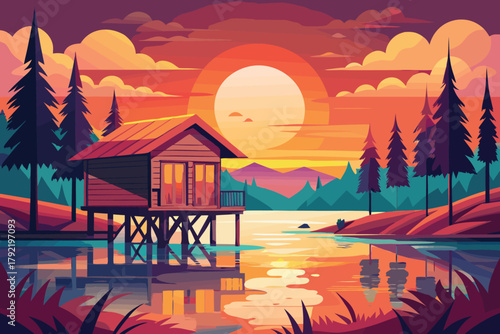 Serene Sunset Over a Lakeside Cabin with Reflection in the Calm Water, Surrounded by Pine Trees and Distant Mountains