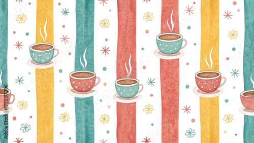 little cocoa mugs topped with marshmallows watercolor style  Vector background 