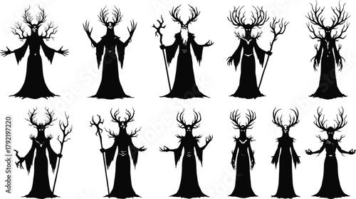 Fantasy antler humanoid silhouettes, forest spirit characters, mythical beings, nature guardians, black vector, mystical illustration, creature design, isolated icons