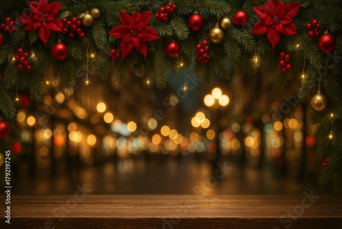 Festive Christmas garland with poinsettias, red and gold ornaments and fairy lights above a wooden table, with blurred city lights bokeh in the background