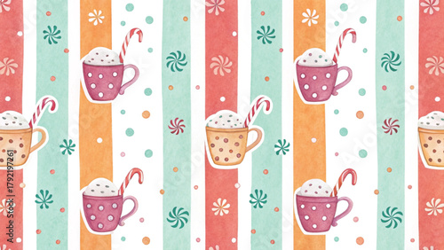 little cocoa mugs topped with marshmallows watercolor style  Vector background 