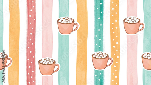 little cocoa mugs topped with marshmallows watercolor style  Vector background 