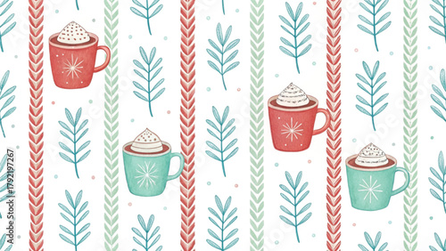little cocoa mugs topped with marshmallows watercolor style  Vector background 