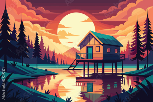 A tranquil illustration of a secluded wooden stilt cabin on a calm lake, perfectly reflecting the vibrant colors of a sunset