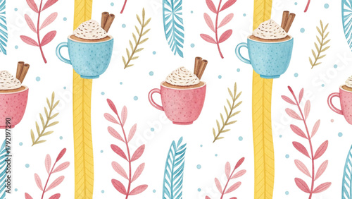 little cocoa mugs topped with marshmallows watercolor style  Vector background 
