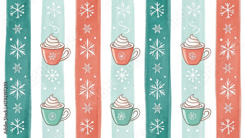 little cocoa mugs topped with marshmallows watercolor style  Vector background 