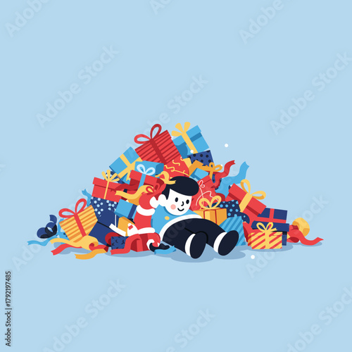 Overwhelmed by Gifts A Festive Illustration of a Person Buried in Presents, Holiday Joy